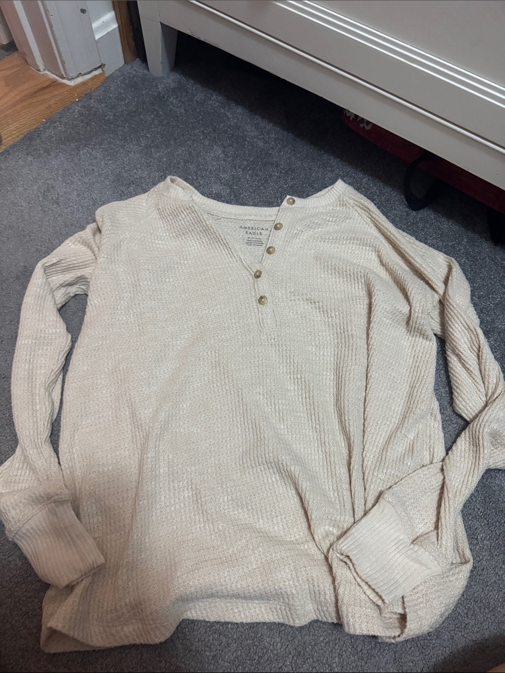 American Eagle Outfitters Cream Waffle Knit Long Sleeve Henley